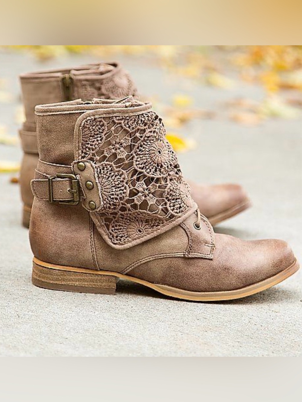 Not Rated Taupe Crochet Fold-Over Ankle Booties